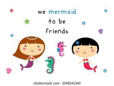 mermaid friends card vector. cute mermaid girl friendship card.