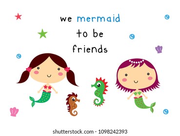mermaid friends card vector. cute mermaid girl friendship card.