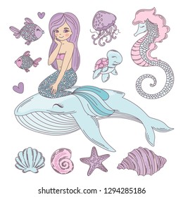 MERMAID FRIENDS Cartoon Travel Tropical Vector Illustration Set for Print, Fabric and Decoration.