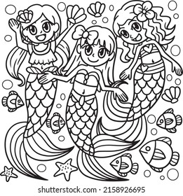 Mermaid With Friends Coloring Page for Kids