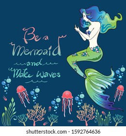 Mermaid and friends under the sea with marine life seamless pattern and typography with aqua green tone  color 
