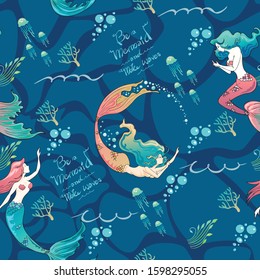 Mermaid and friends under the sea with marine life seamless pattern and typography with aqua green tone  color 