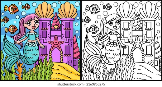 Mermaid In Front Of A Castle Colored Illustration
