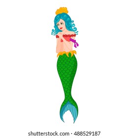 Mermaid in a full-length, vertically. Cartoon characters isolated on white.