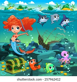 Mermaid with funny animals on the sea floor. Cartoon vector illustration.