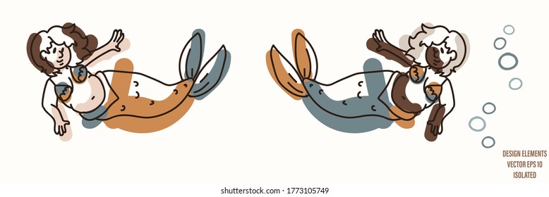 Mermaid gender neutral baby illustration clipart. Simple whimsical minimal earthy 2 tone color. Kids nursery room decor print or cartoon animal line art sticker.