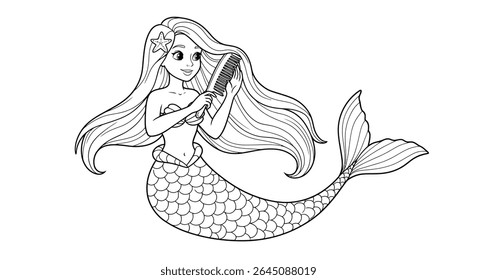 Sereia Suavemente penteando o cabelo longo fluindo Coloração Página Beleza Subaquática Fantasia Criatura Contorno Arte