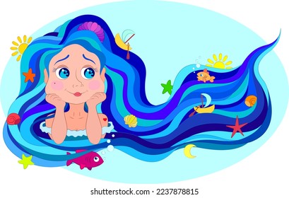 Mermaid. A girl with blue hair stylized under the sea. A shell, the sun, ships, fish swim in the hair of a pensive girl. Time for vacation