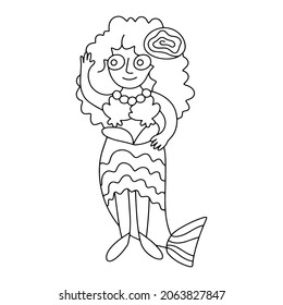 Mermaid girl coloring page vector illustration. Happy waving young woman in mermaid costume vector. Hand-drawn funny masquerade cartoon character