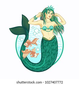 Mermaid girl with Crown.The Sea King's Daughter, Fairytale, Mythology, Tattoo Art. Isolated Vector Illustration.