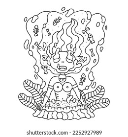 Mermaid girl and dead water. Dark fantasy underwater creature. Sea monster zombie. Funny coloring page for adults. Cartoon vector illustration. Isolated on white. Outlined drawing. Black lined