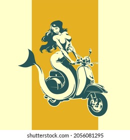 a mermaid girl is sitting on a retro scooter vector illustration