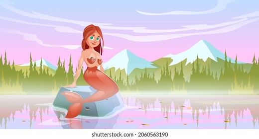 Mermaid girl sitting on stone in lake. Vector cartoon illustration of beautiful fairy tale woman with fish tail and landscape with river, forest on shore and mountains