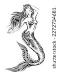 Mermaid girl sketch. Fictional character from fairy tale and mythology. Beautiful and attractive young girl with fishtail. Woman in floral ornament for tattoo. Cartoon flat vector illustration
