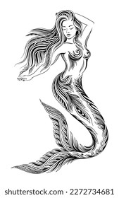 Mermaid girl sketch. Fictional character from fairy tale and mythology. Beautiful and attractive young girl with fishtail. Woman in floral ornament for tattoo. Cartoon flat vector illustration