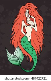 Mermaid girl vector on a black background. Object isolated illustration. Doodle style. Cloth, design, wallpaper, wrapping, textile, paper, card, holiday, birthday. Color magic art sea ocean. Eps10.