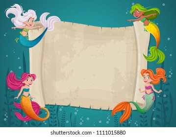 Mermaid girls swimming in front of old paper map.