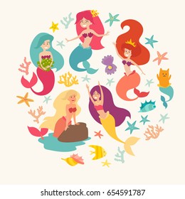 Mermaid girls vector illustration. Cute cartoon card with little mermaid, circle composition. Under the sea poster. Pearl in the shell and starfish isolated on white,cartoon style