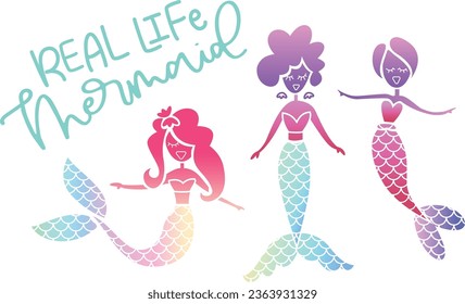 Mermaid Girly Sea Three mermaids cartoon gradient art tails fantastic swimming 