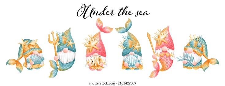 Mermaid gnome banner, mermaid gnome. Vector illustration