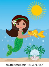 Mermaid with goldfish. Shell with pearl in the sand. Vector illustration.