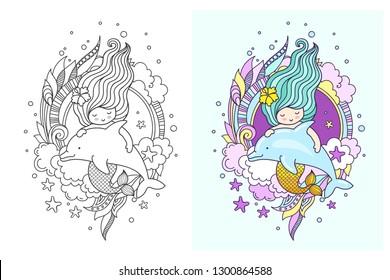 Mermaid with gorgeous long green hair, floating with dolphin. Vector illustration for children book, notebook, print, poster, postcard.