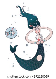 Mermaid with green hair is talking with fish.