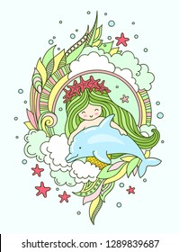 Mermaid with green hair, in a wreath of starfish, floating with dolphin. Vector colorful illustration, print, poster, banner, postcard.