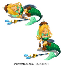 Mermaid with green tail lost consciousness isolated on a white background. Vector cartoon illustration close-up.

