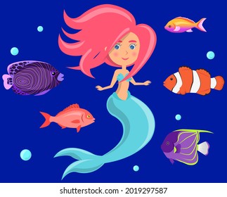 Mermaid with group of colored fish and swims in blue water. Cartoon nautical characters fingerling set. Sea dweller. Wild nature of mediterranean sea. Underwater life of creature, small fish and nixie