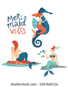 Mermaid hand drawn flat vector characters. Mermaid vibes lettering. Underwater magical life. Red hair girl with tail illustration. Marine mythical creature, sea horse, corals. fish cartoon clipart