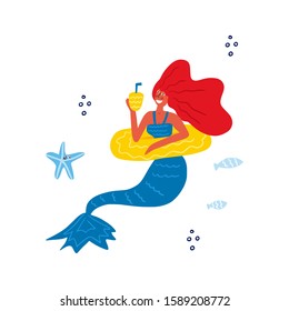 Mermaid hand drawn flat vector character. Underwater magical life. Mermaid relaxing on rubber ring. Marine creature. 