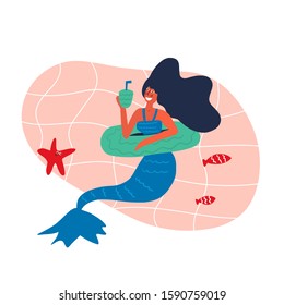 Mermaid hand drawn flat vector character. Underwater magical life. Mermaid relaxing on rubber ring. Marine creature. 