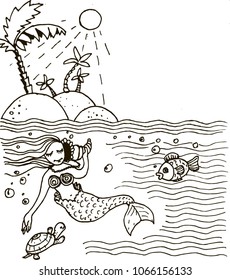 Mermaid hand drawn. Sea animals, goldfish and turtle. Black and white. Vector cartoon illustration. Manual sketch.