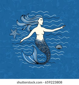 Mermaid hand drawn. Stock vector illustration of marine mythological woman. Cartoon character design.