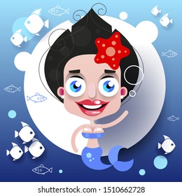 Mermaid In Hand Drawn Style . Vector Hand Drawn Illustration.cute Hair Mermaid Illustration. Vector Cartoon Illustration.