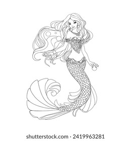 Mermaid hand drawn vector. Cute mermaid isolated on white background. An element for an invitation, a seal on a print, a blank for designers