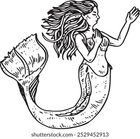 Sirena - Ilustración vectorial dibujada a mano de la criatura acuática del folclore