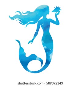 Mermaid, hand drawn vector silhouette illustration isolated on white background.