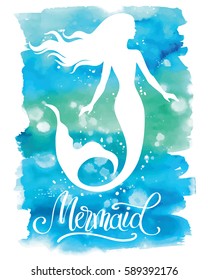 Mermaid, hand drawn vector silhouette illustration on watercolor background.