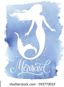 Sirena, ilustración de silueta vectorial dibujada a mano sobre fondo de color de agua.