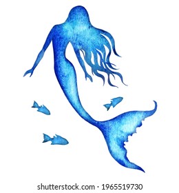 Mermaid, hand painted watercolor vector silhouette illustration on white background.