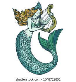 Mermaid with harp colorful ink hand drawn illustration isolated on white background