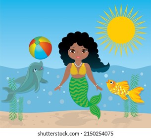 Mermaid having fun with goldfish and dolphin in the water. Vector illustration.