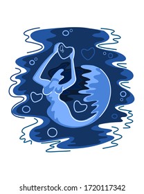 Una sirena con un corazón en sus manos. Ilustración vectorial en tonos azules.