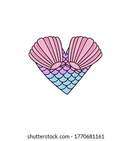 Mermaid heart vector hand drawn illustration. Summer ocean, sea mermaid creature heart with sea shells and scales. Isolated.