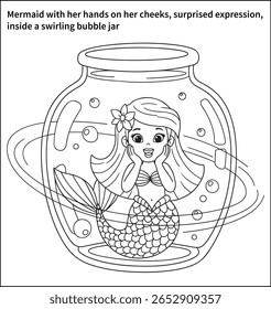 A mermaid with her hands on her cheeks and a surprised expression, inside a swirling bubble jar—a fun, expressive face perfect for early coloring pages.