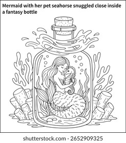A mermaid with her pet seahorse snuggled close inside a fantasy bottle, surrounded by swirly water lines and chunky coral shapes.