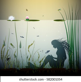 mermaid hides in the pond and speak with fish, secret under the water place for mermaid,  vector