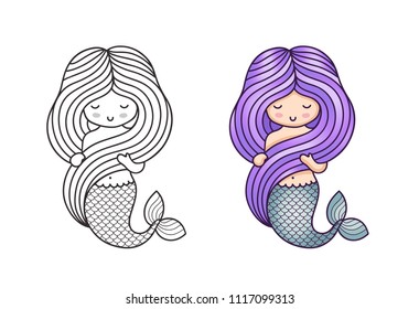 Mermaid, holding her long beautiful hair. Cute cartoon character. Vector illustration for coloring book, print, card, postcard, poster, t-shirt, patch, tattoo.